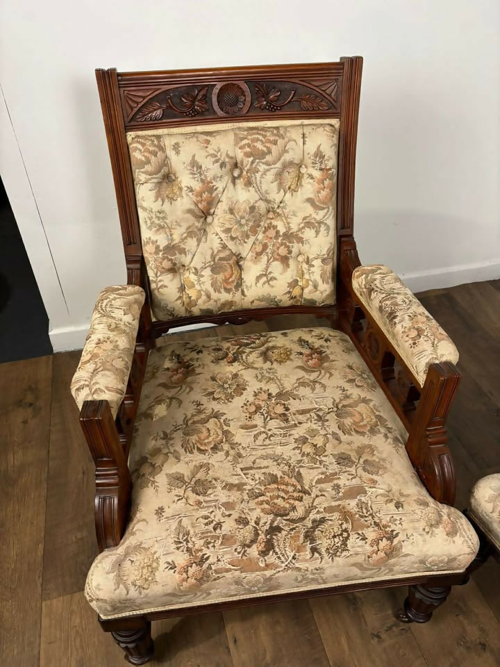 Pair of Victorian Carved Walnut Upholstered Library Armchairs