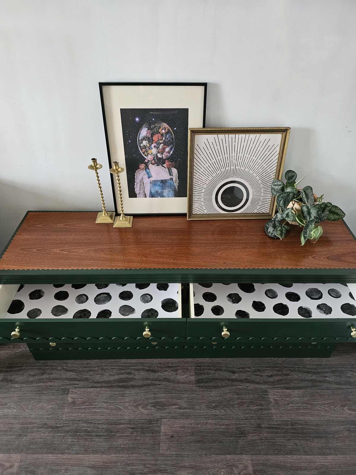 Large Vintage Dark Green Chest of Drawers with Scallops