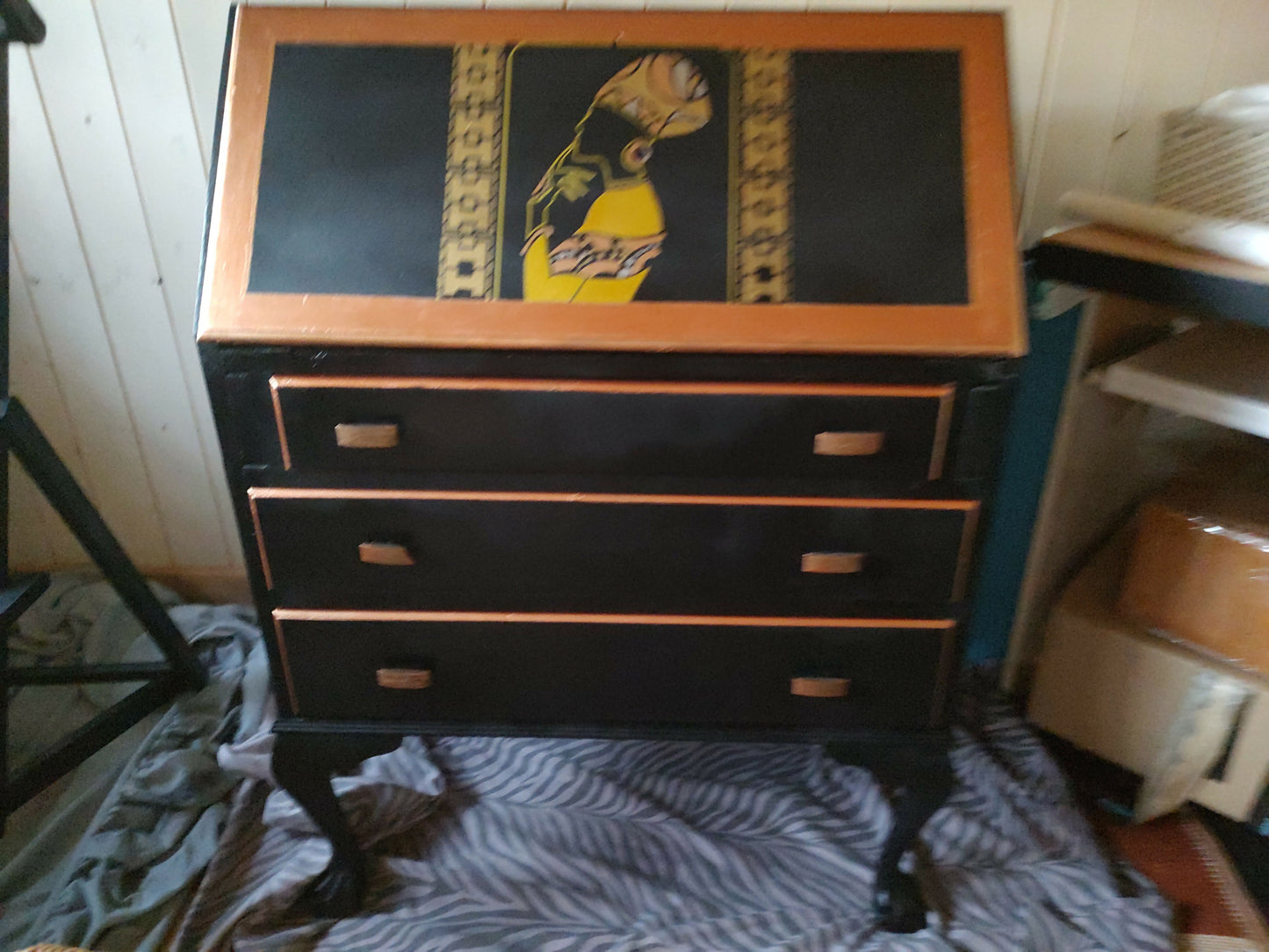 THE AFRICAN ASPECTS UPCYCLED - ONE-OFF FURNITURE ART “Echoes of Her” black, gold and copper bureau