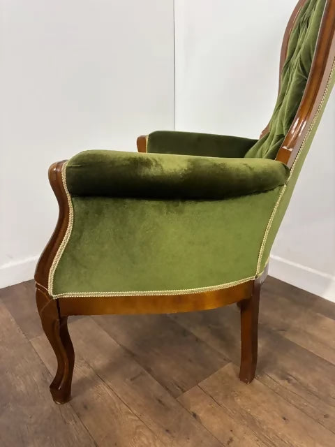 Reproduction Mahogany Green Velvet Upholstered Armchair – Furnishings Italia