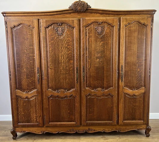 Wardrobe Vintage French Louis XVI Style Oak Four Door Carved Armoire LOT 4827