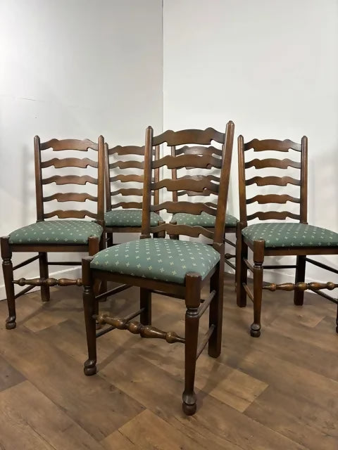 Vintage Oak Set Of Five Ladder Back Dining Chairs
