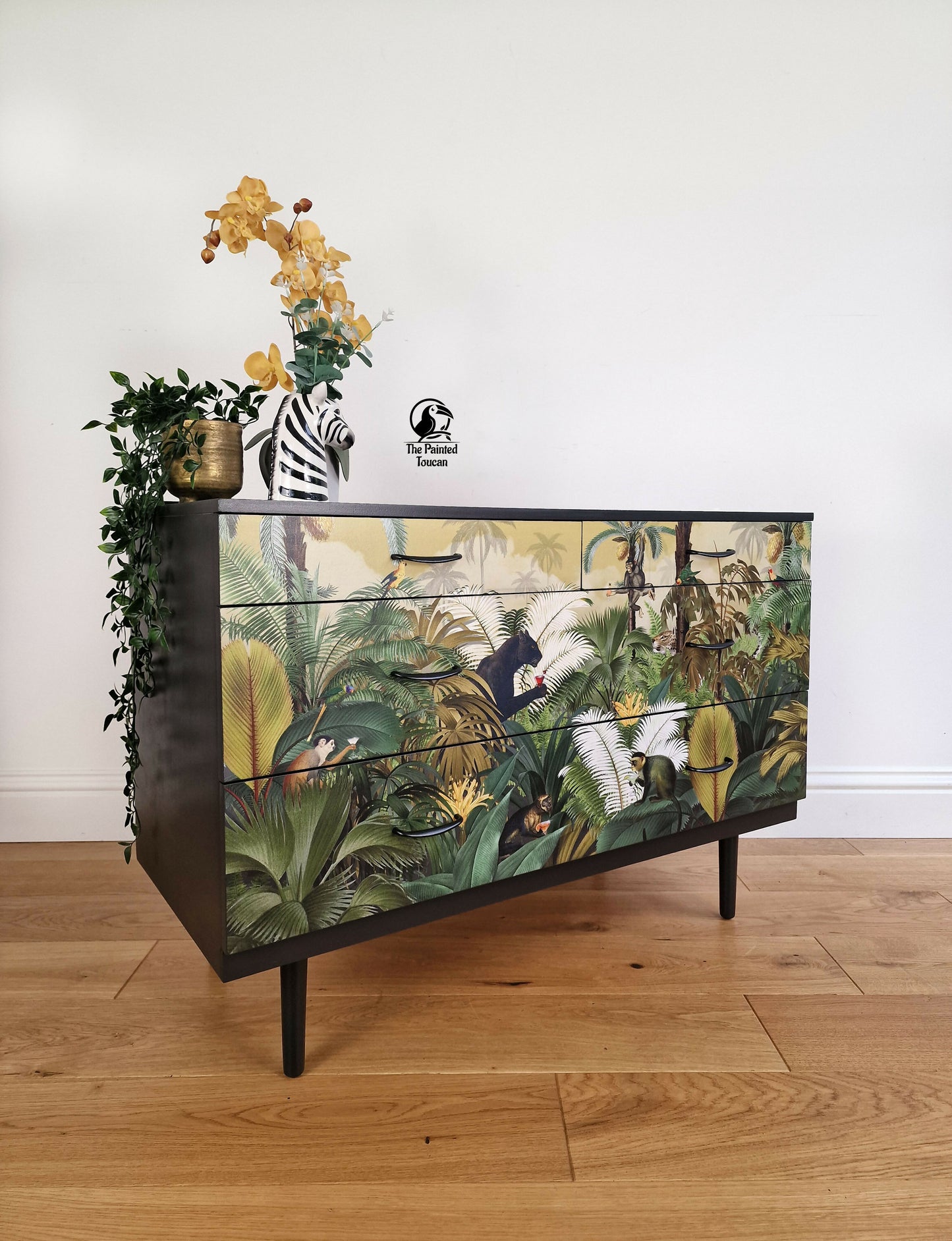 Black Mid-Century Modern MCM Stag Chest of Drawers with Jungle Decoupage