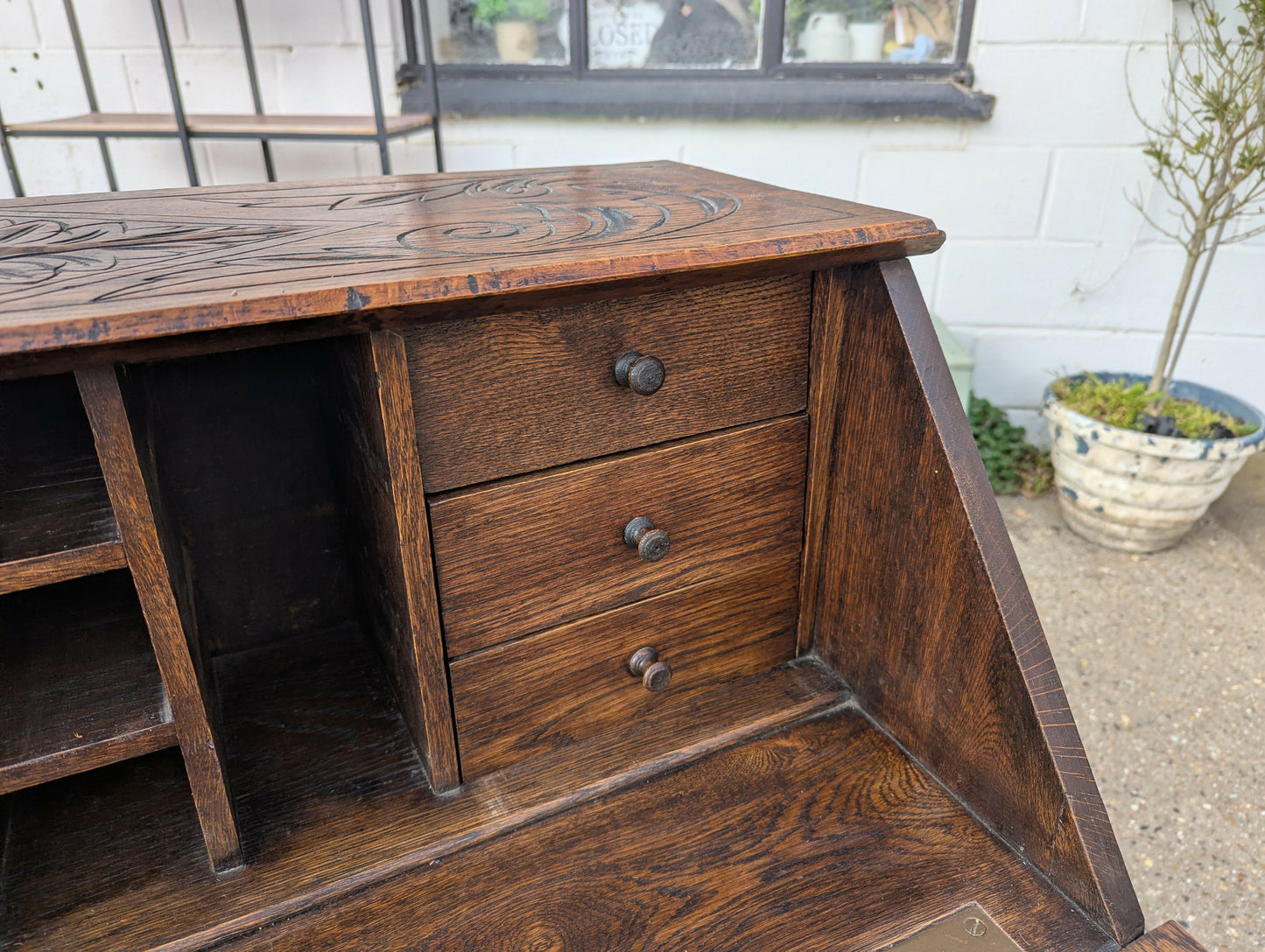 Antique Victorian tudor oak hand carved green man bureau dest chest drawers in