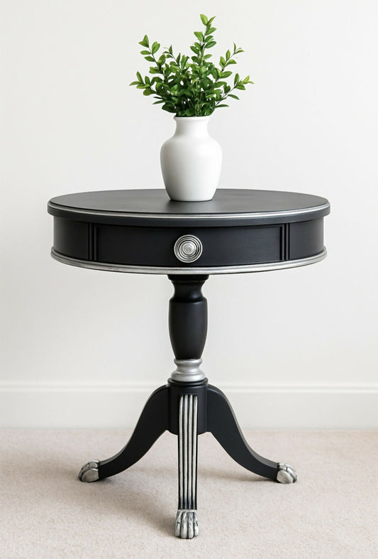 Hand Painted Vintage Accent Table in Anthracite Grey with Silver Leaf & French Stencil Detail