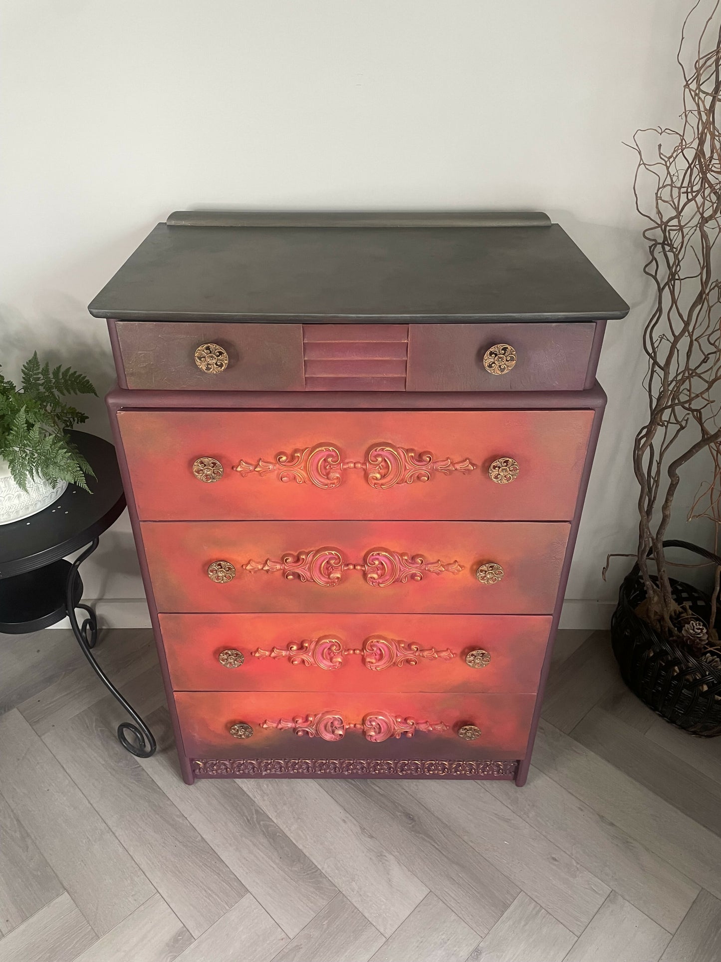 Vintage Stag Chest of Drawers Hand Painted, Red Orange