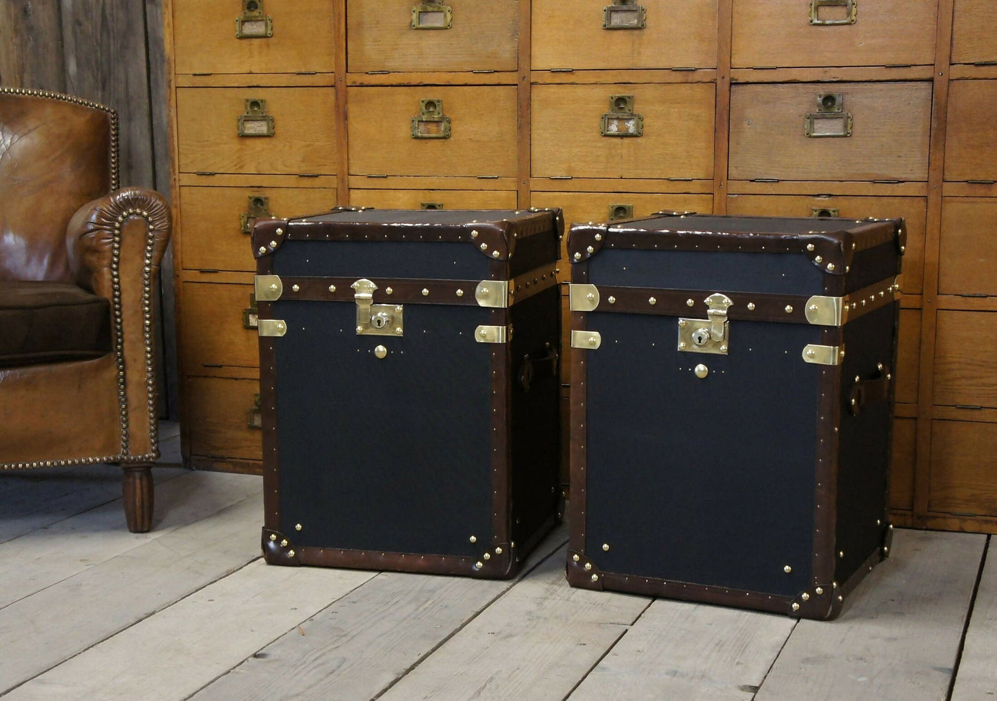 Vintage Black Millerain Handmade End tables - English bespoke storage trunks