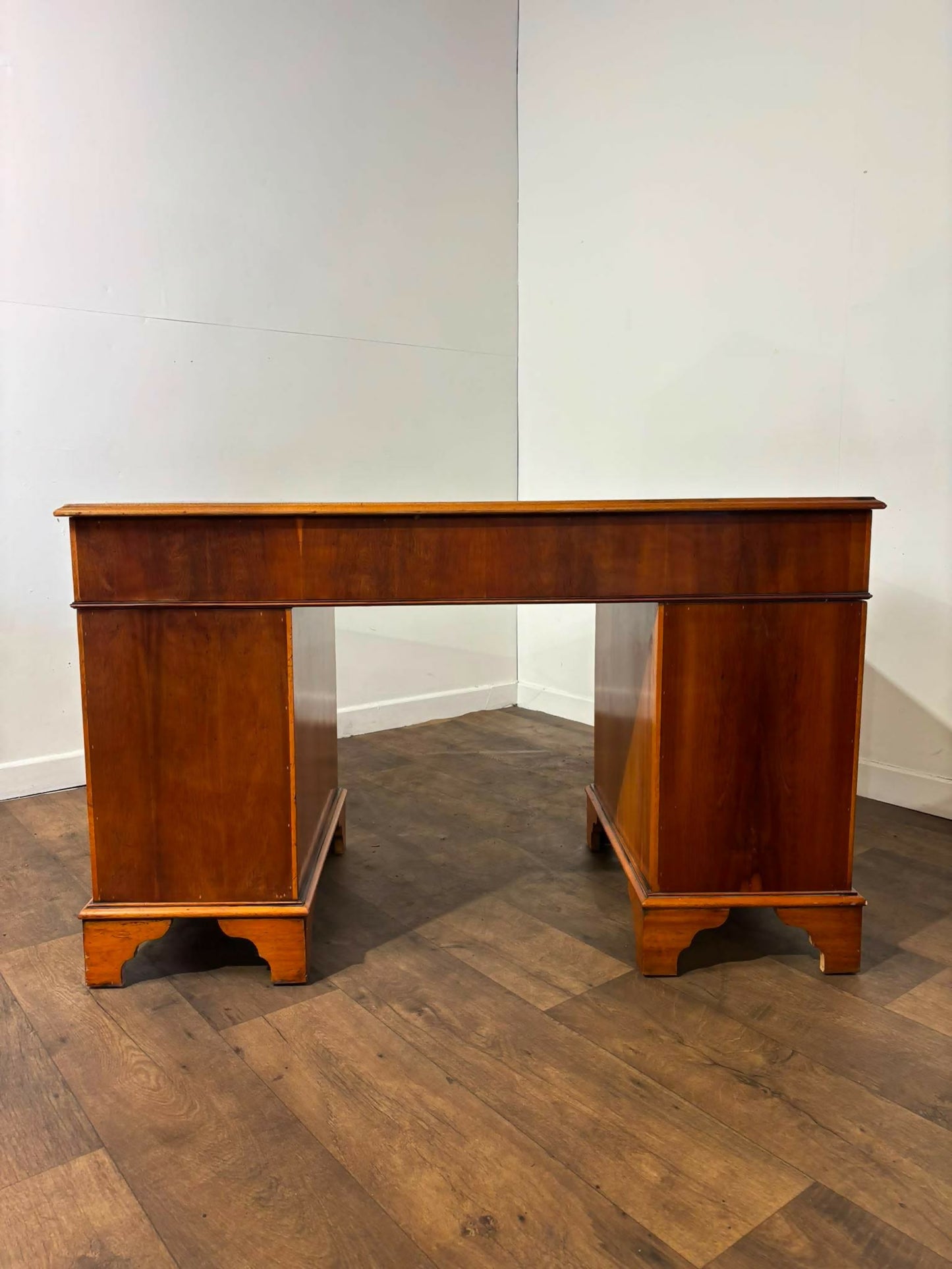 Reproduction Yew Wood Pedestal Desk with Green Leather