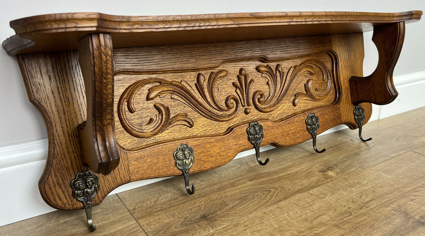 Coat Rack Vintage French Carved Oak Wall Mounted 5 Hooks Rack Hanger LOT 6367