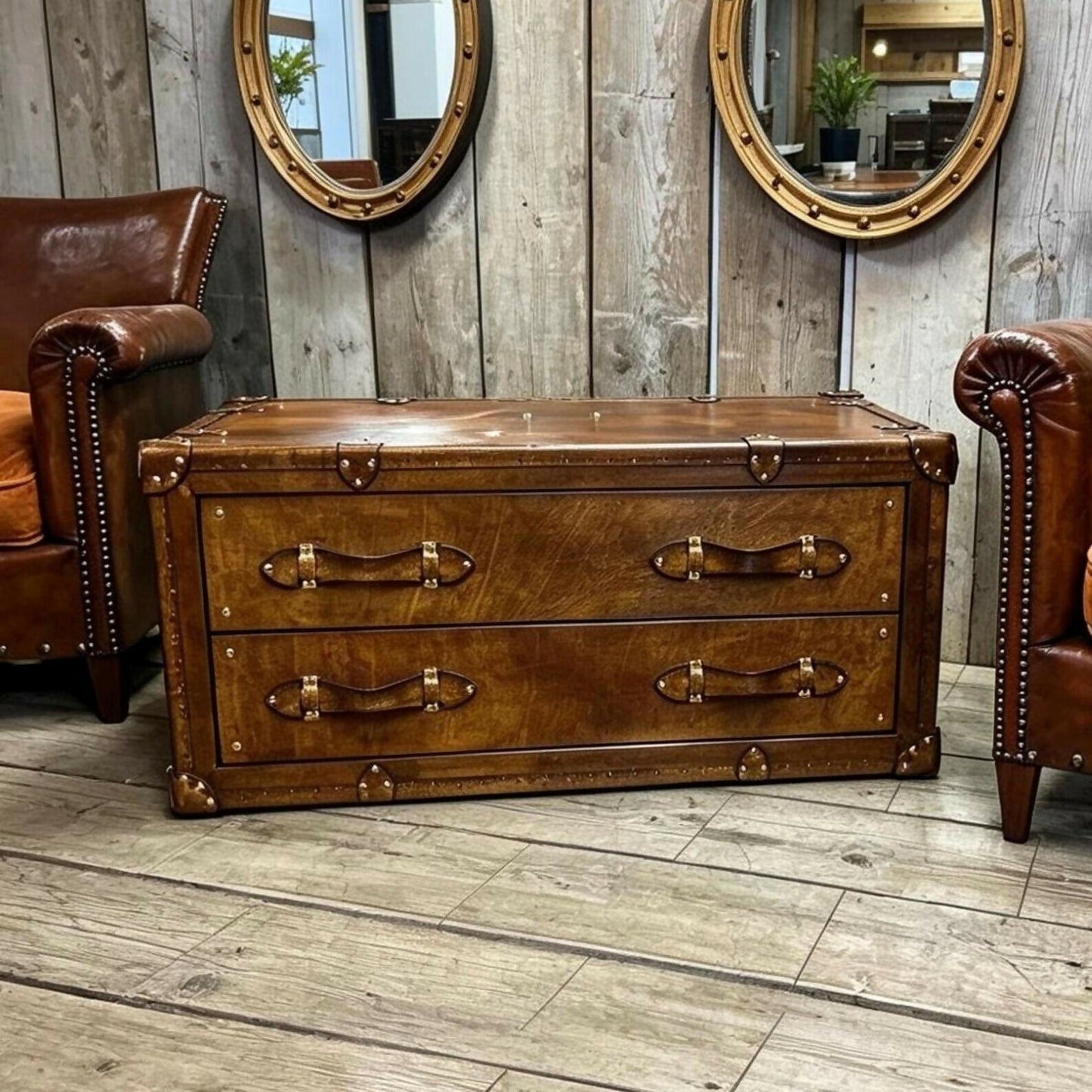 Handmade Vintage Coffee Table, Rustic Drawer Chest, Bridle Leather, English Steamer Style, Solid Hardwood