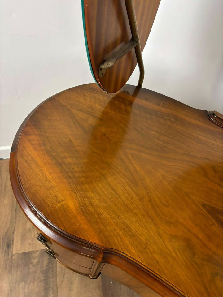 Vintage 1950s Walnut Kidney-Shaped Dressing Table