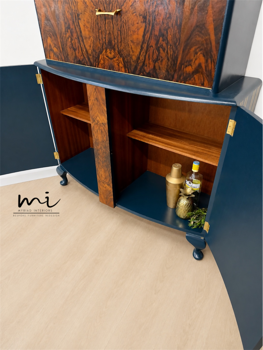 Navy Blue and Gold Art Deco Walnut Drinks Cabinet, cocktail cabinet, 1930s, vintage bar, sideboard, refurbished