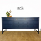 Refinished mid century Nathan sideboard drinks cabinet, navy blue with art deco chinoiserie inspired design, gold, cocktail, tv media unit