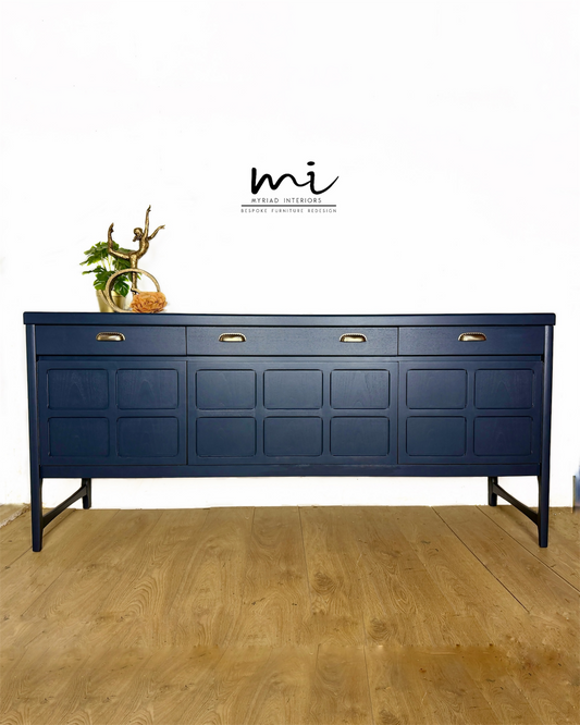 Refinished mid century Nathan sideboard drinks cabinet, navy blue with art deco chinoiserie inspired design, gold, cocktail, tv media unit