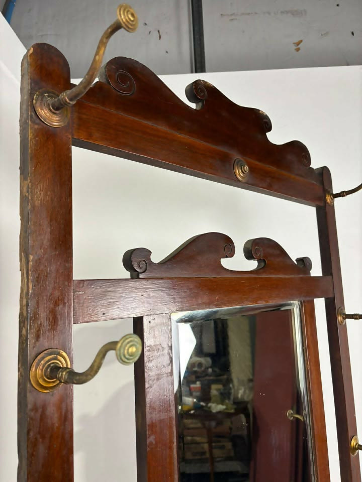 Vintage Oak Hall Coat Stand with Mirror & Storage