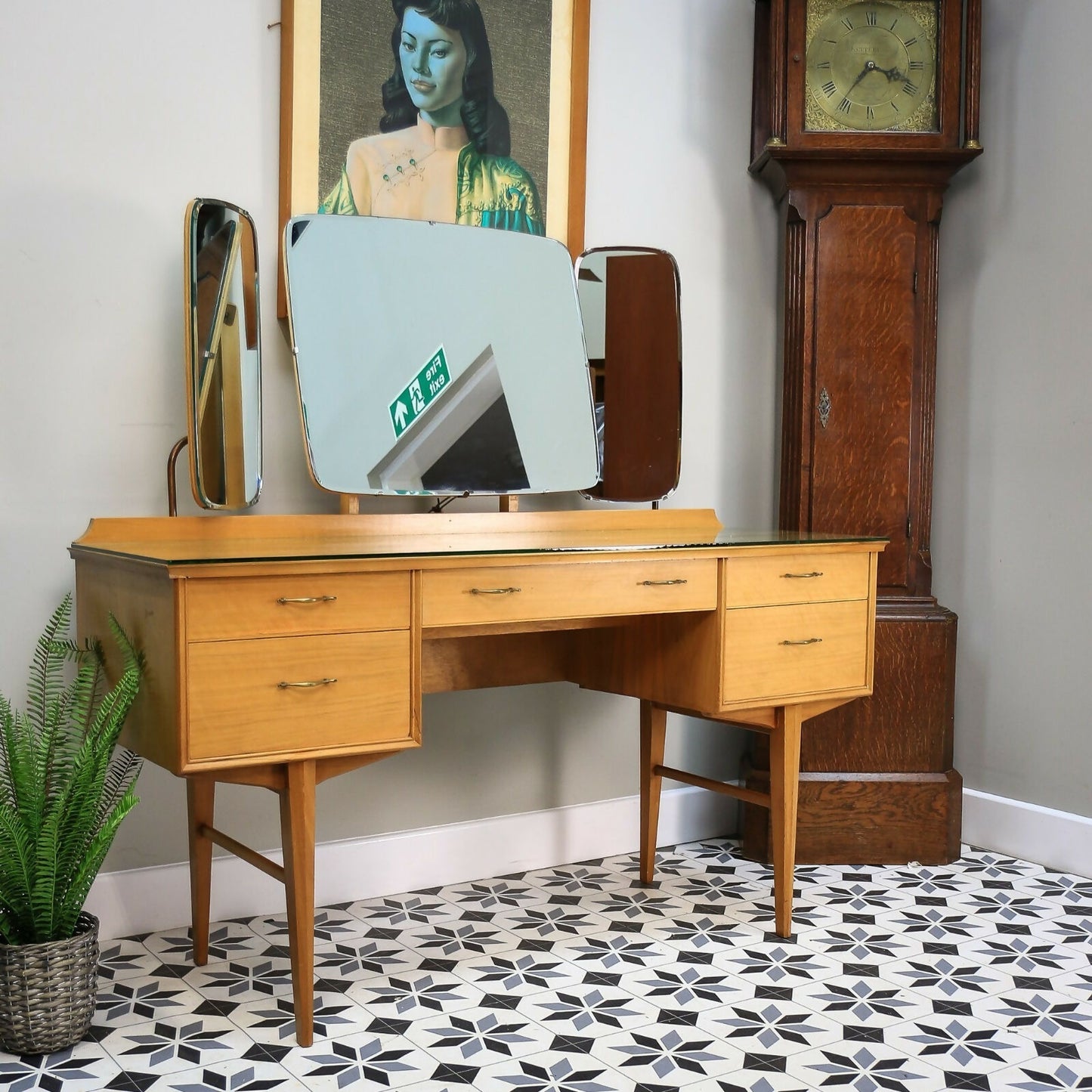 Alfred Cox Dressing Table in Walnut for Heals with Triple Mirror and Glass Top.