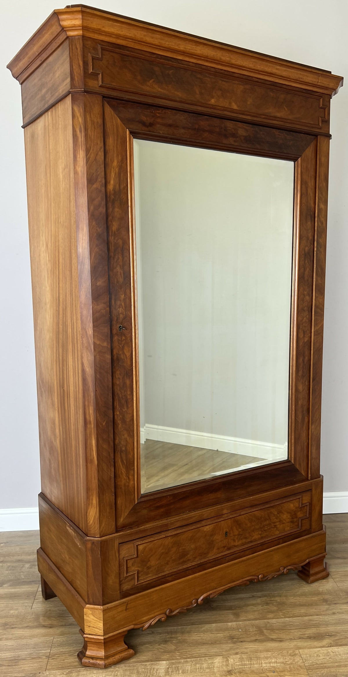 Wardrobe Antique French Walnut Burr Mirrored Storage Armoire LOT 6511