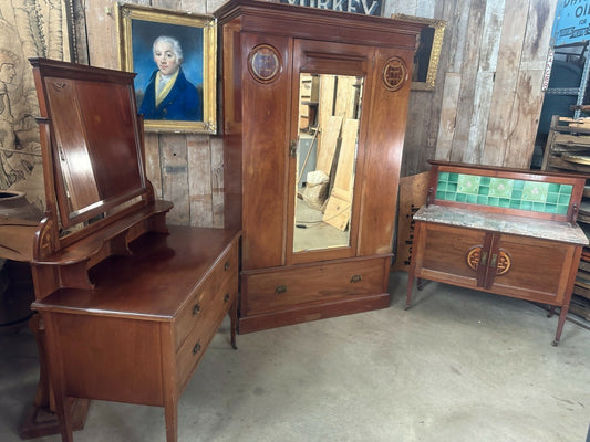 Antique Art Nouveau Three Piece Bedroom Suite, Dressing Chest, Double Wardrobe, Marble Washstand, c 1900