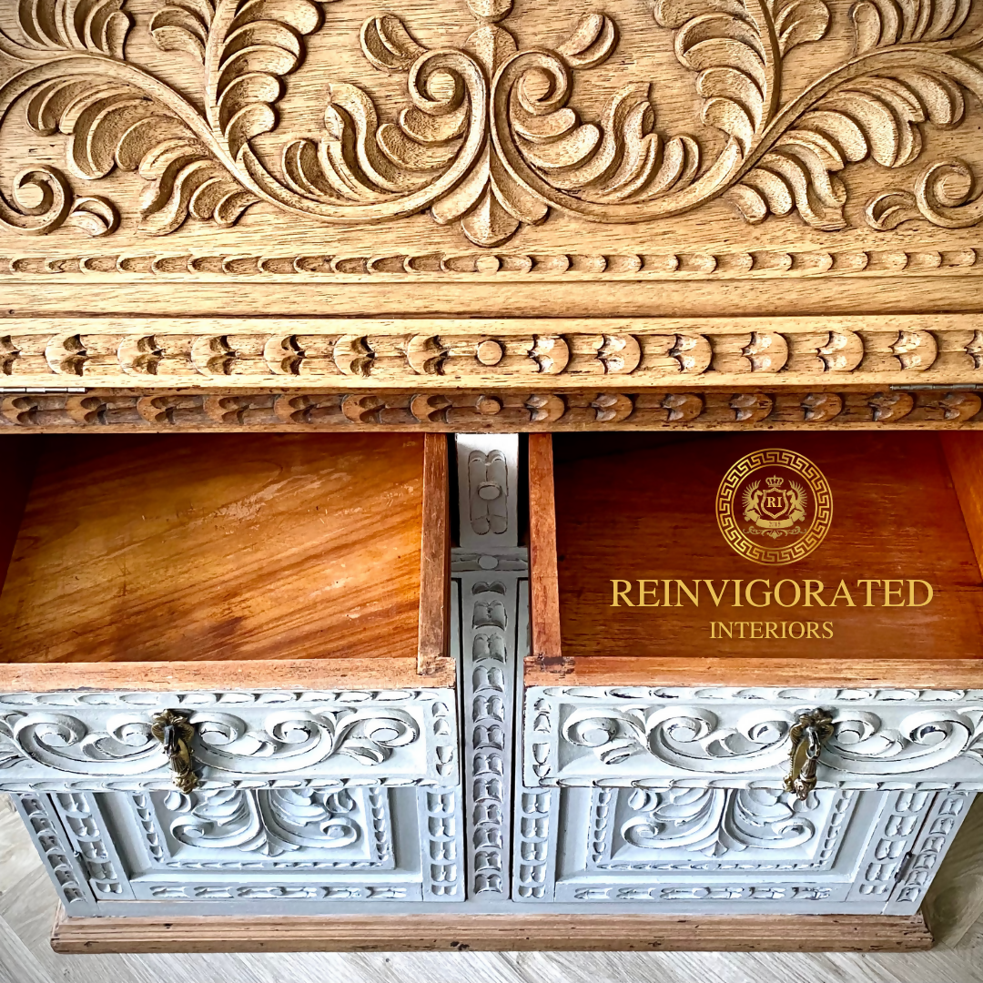 Antique Oak Carved Writing Desk Bureau Ornate