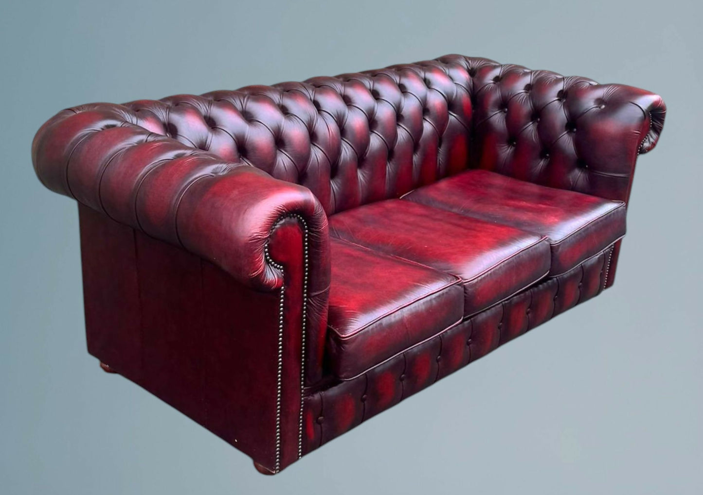 English Oxblood Leather Chesterfield Three Seater Sofa