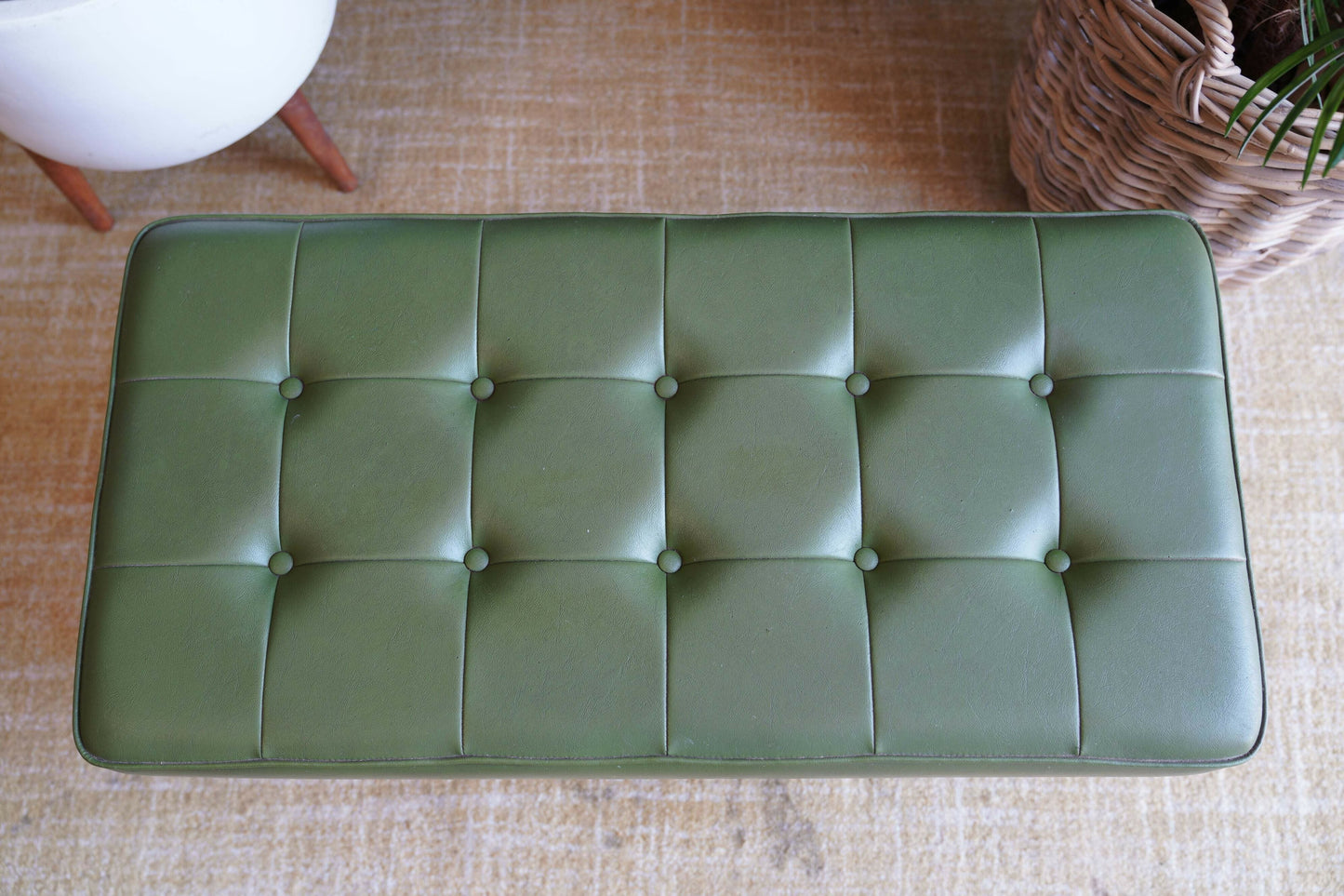 Mid Century Modern Olive Green Vinyl Bench Stool With Tapered Legs