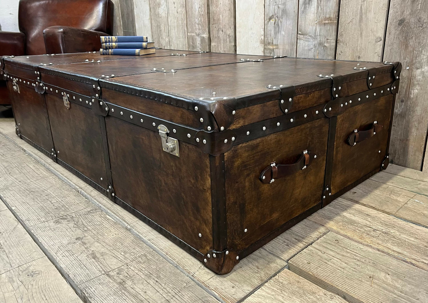 Handmade English luxury large Vintage leather coffee table - hand dyed storage trunk