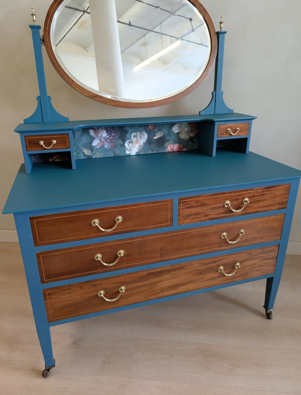 Chest of Drawers with Oval Mirror Antique Solid Wood & Painted with Botanical Drawer Interiors One of a Kind Statement Piece