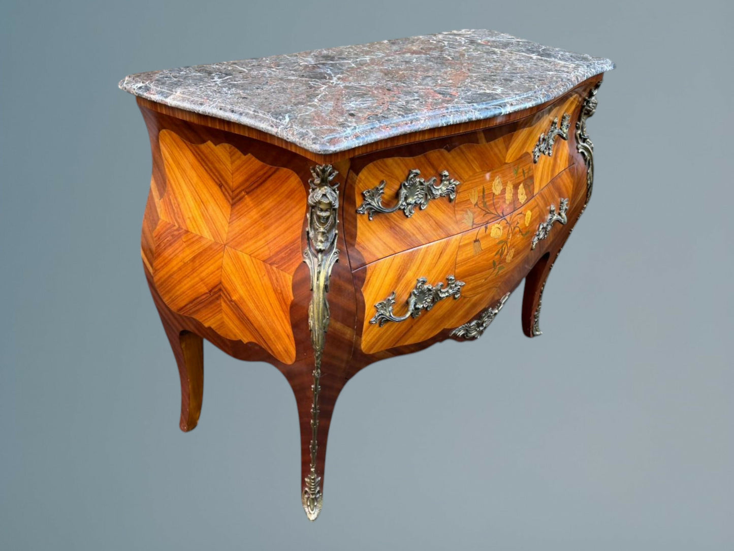Louis XV Style French Walnut and Marquetry Inlaid Marble Top Commode