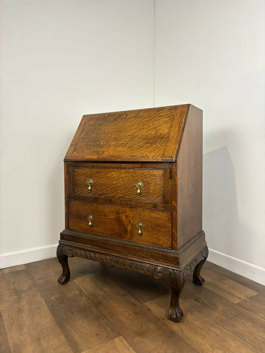 Early 20th Century Oak Bureau with Fitted Interior & Carved Base