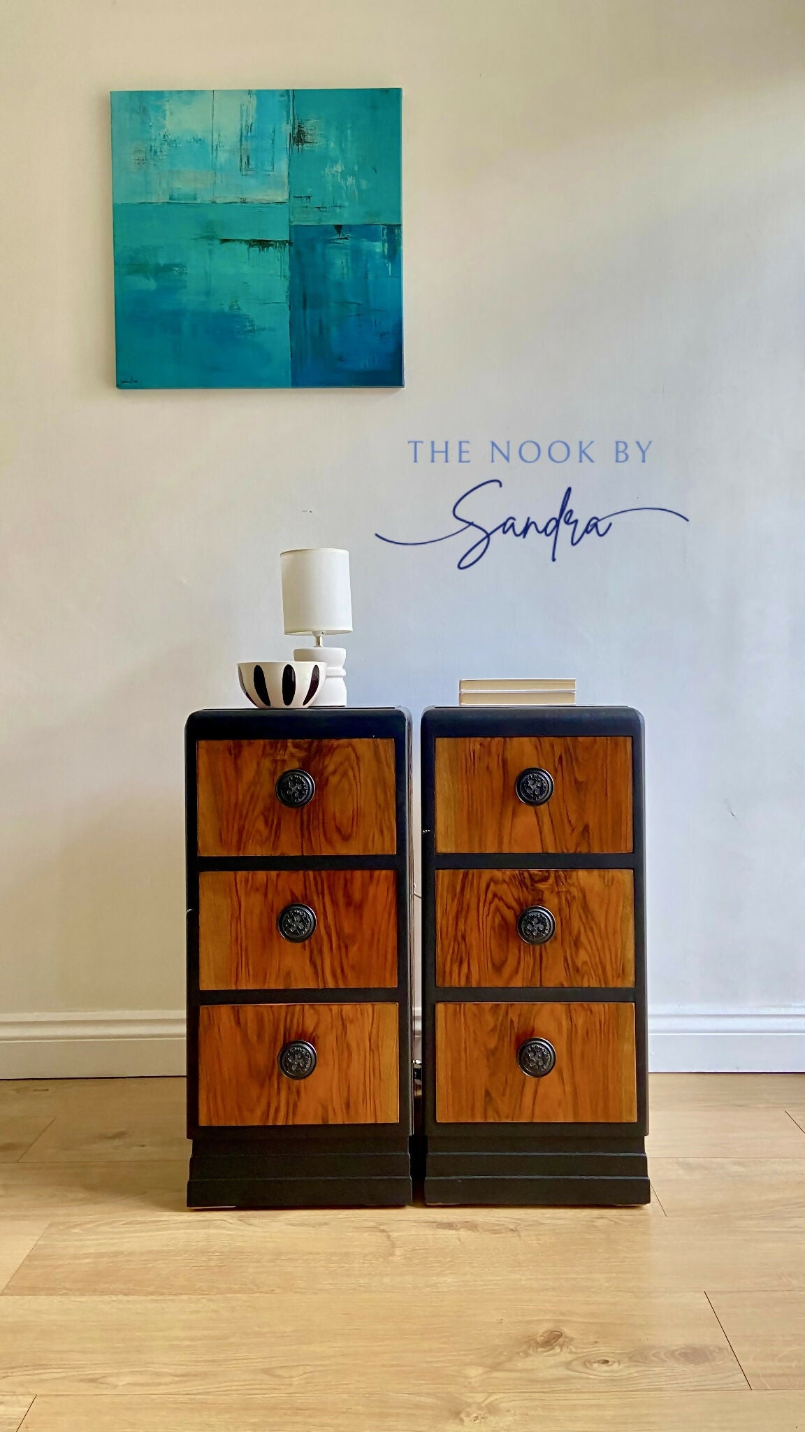 Upcycled Nightstands Set -Rustic Wood &Black | 3 Drawers Bedside Cabinets