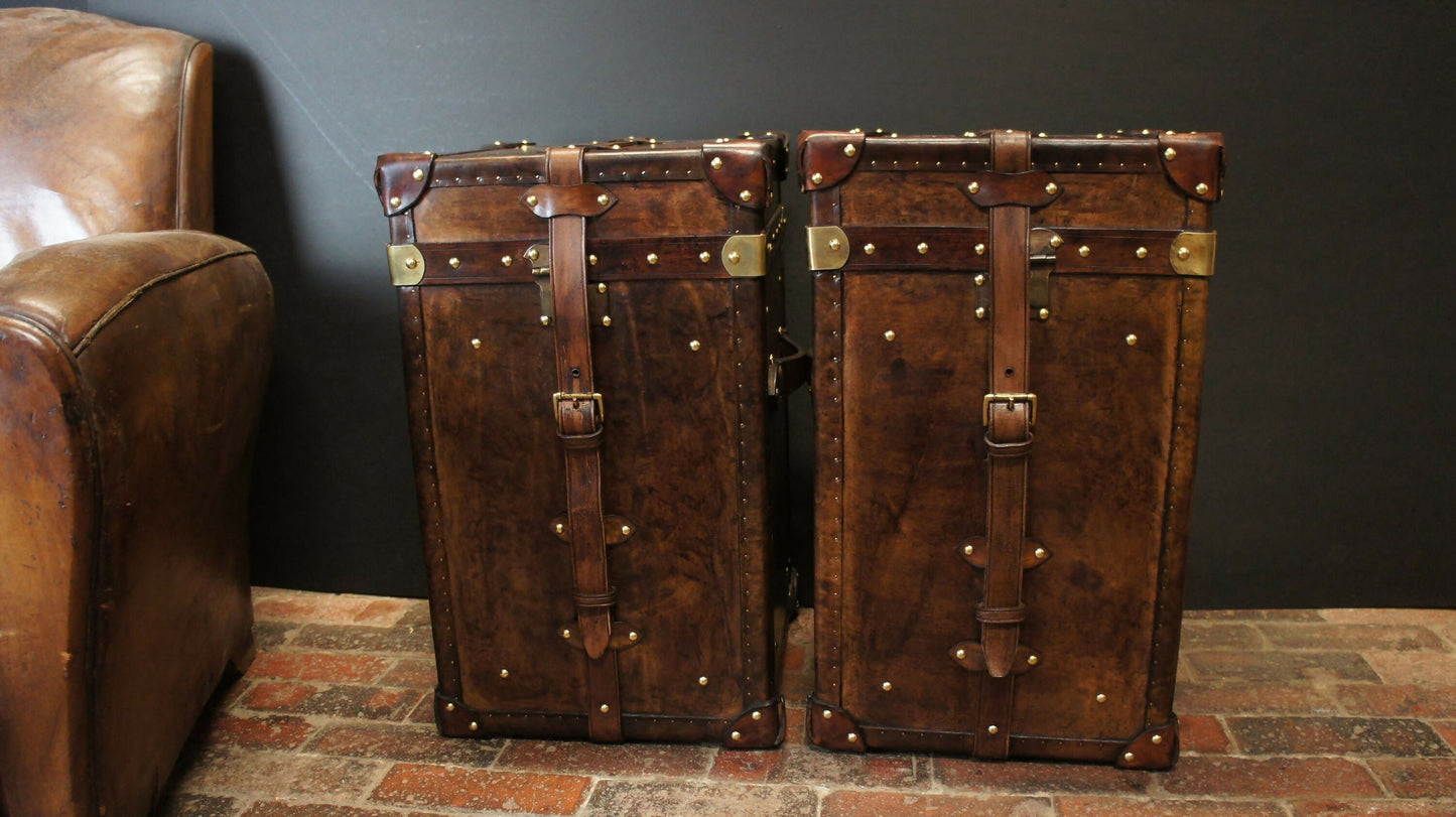 English vintage storage trunks - matching luxury pair - chestnut brown hand dyed