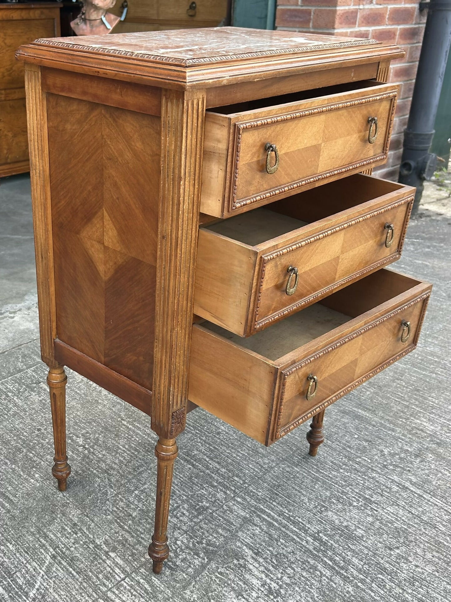 Antique French Louis XVI Style Walnut Marble Topped Bedside Chest Of Drawers