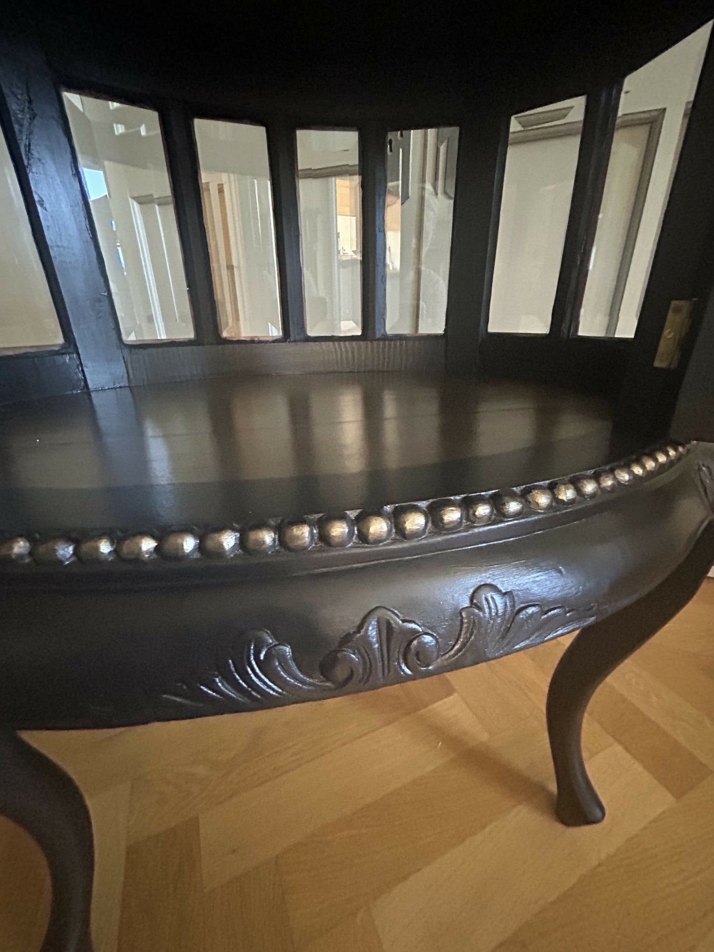 Drinks Cabinet. Handpainted, small oval glazed cabinet. Black/Gold