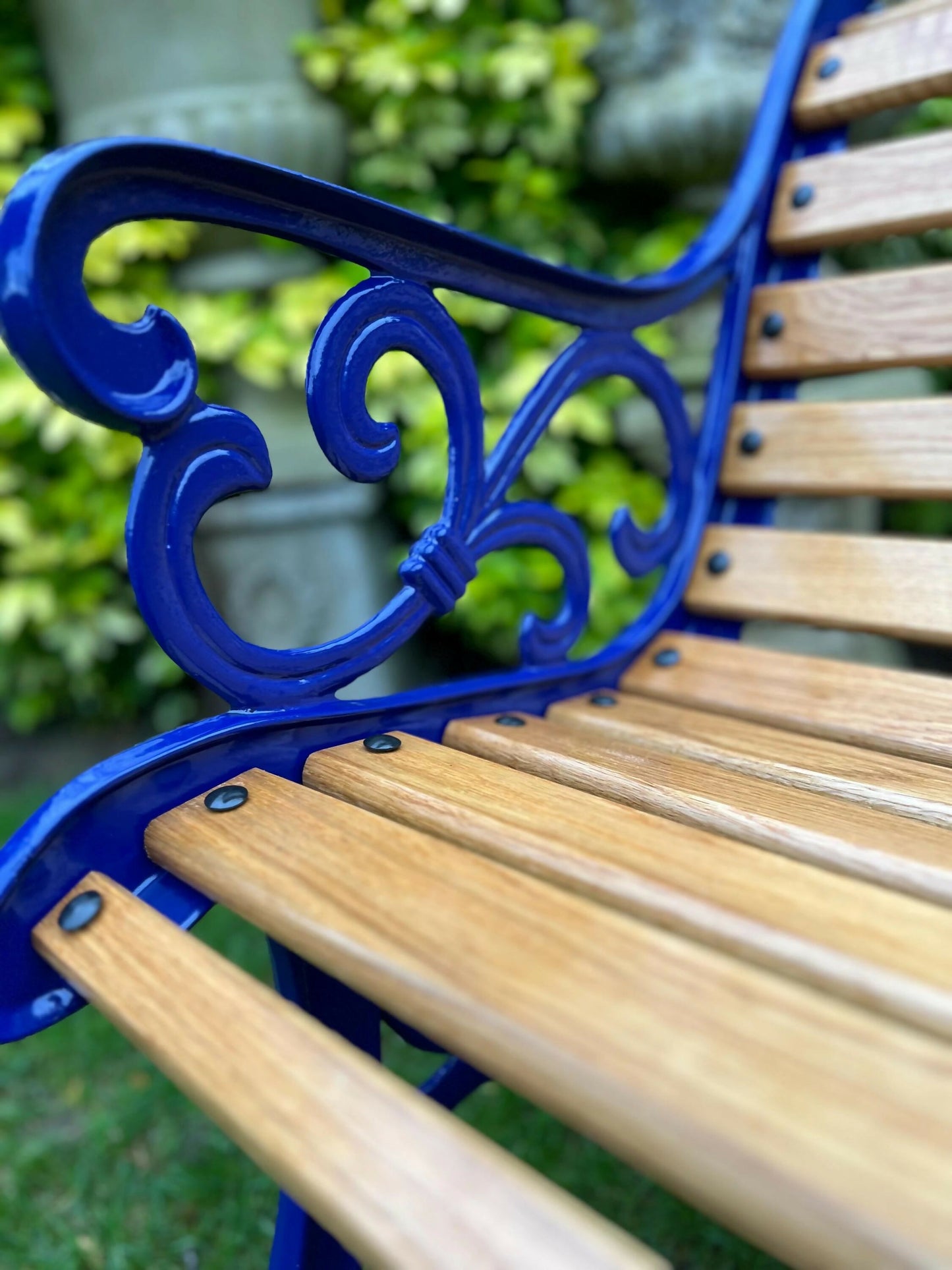 Cast Iron and Oak Garden Bench finished in Cadburys Blue