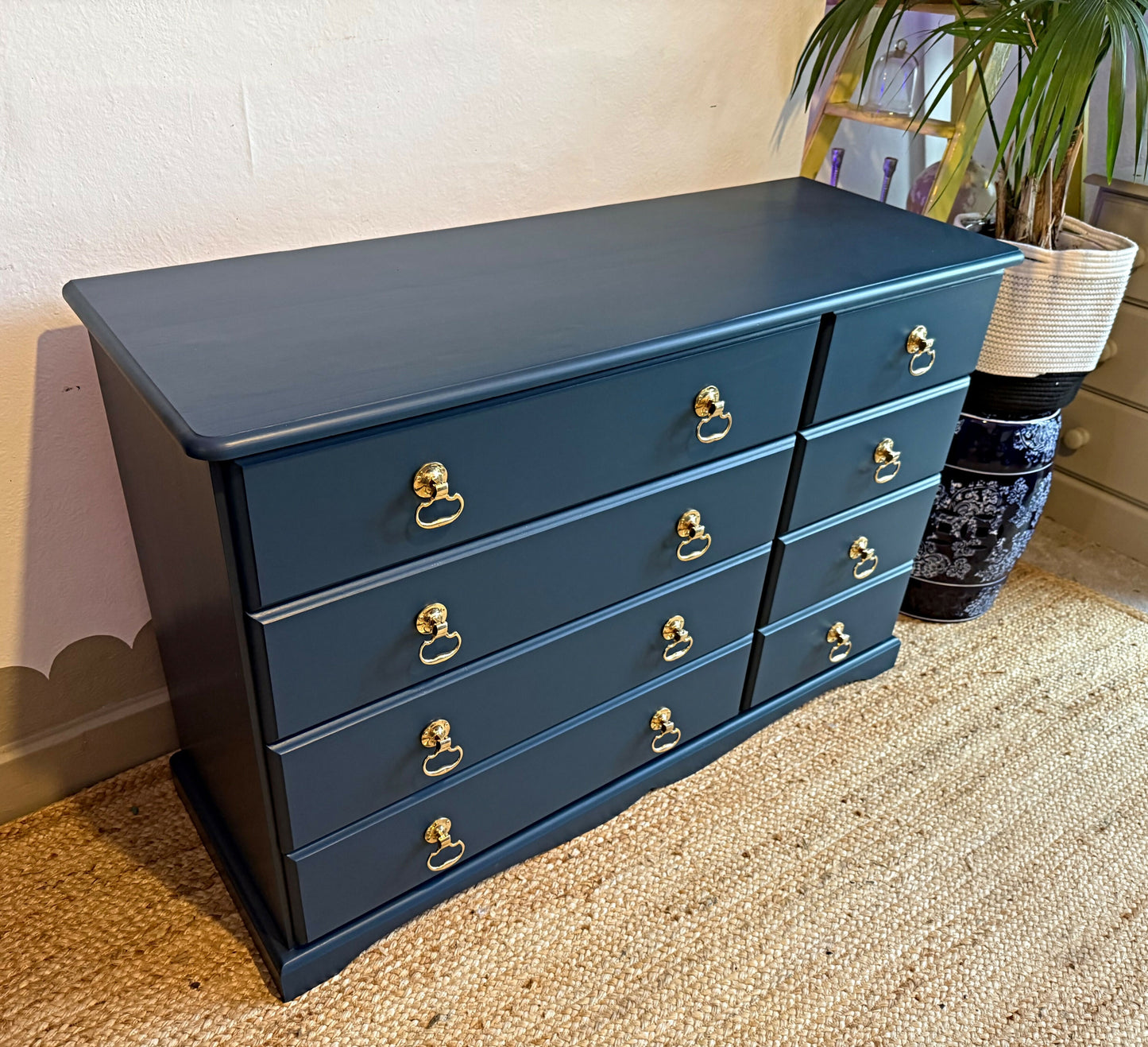Newly refurbished solid wood chest of drawers blue bank of drawers dovetail joints