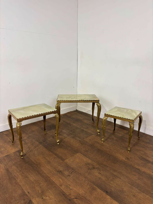 Mid-Century Italian Style Gilt Metal & Onyx Nest of Three Tables