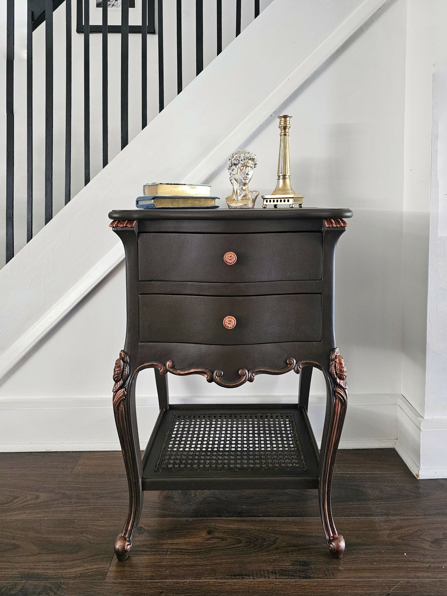 French Side Table Console Table Nightsta in Chocolate Colour with Copper Accents