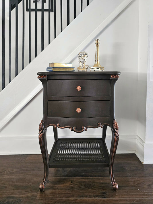 French Side Table Console Table Nightsta in Chocolate Colour with Copper Accents