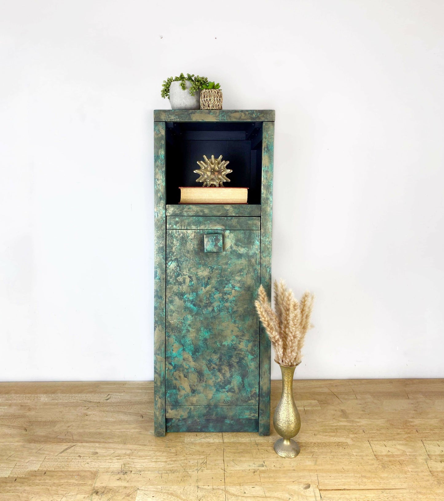 Funky rust effect tall cupboard, lamp table, slim storage cupboard