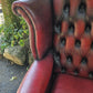 Vintage Oxblood Chesterfield Queen Anne Armchair High Back Button Back Well Worn