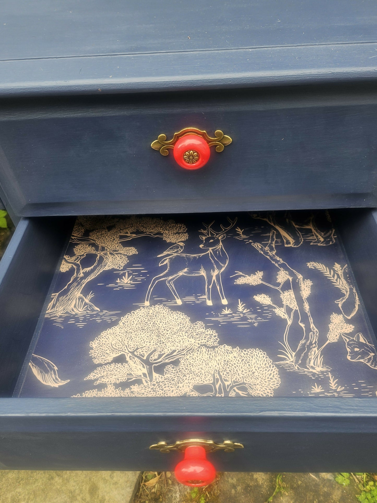 Luxe Navy Blue Hand Painted Stag Minstrel Classic Vintage Dressing Table Desk