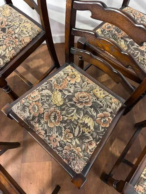 Vintage Set of Seven Oak Ladder Back Dining Chairs Including Carver Chair