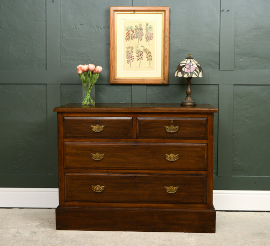 Edwardian Stained Pine Chest of Drawers - 2 Over 2 - Mahogany Finish