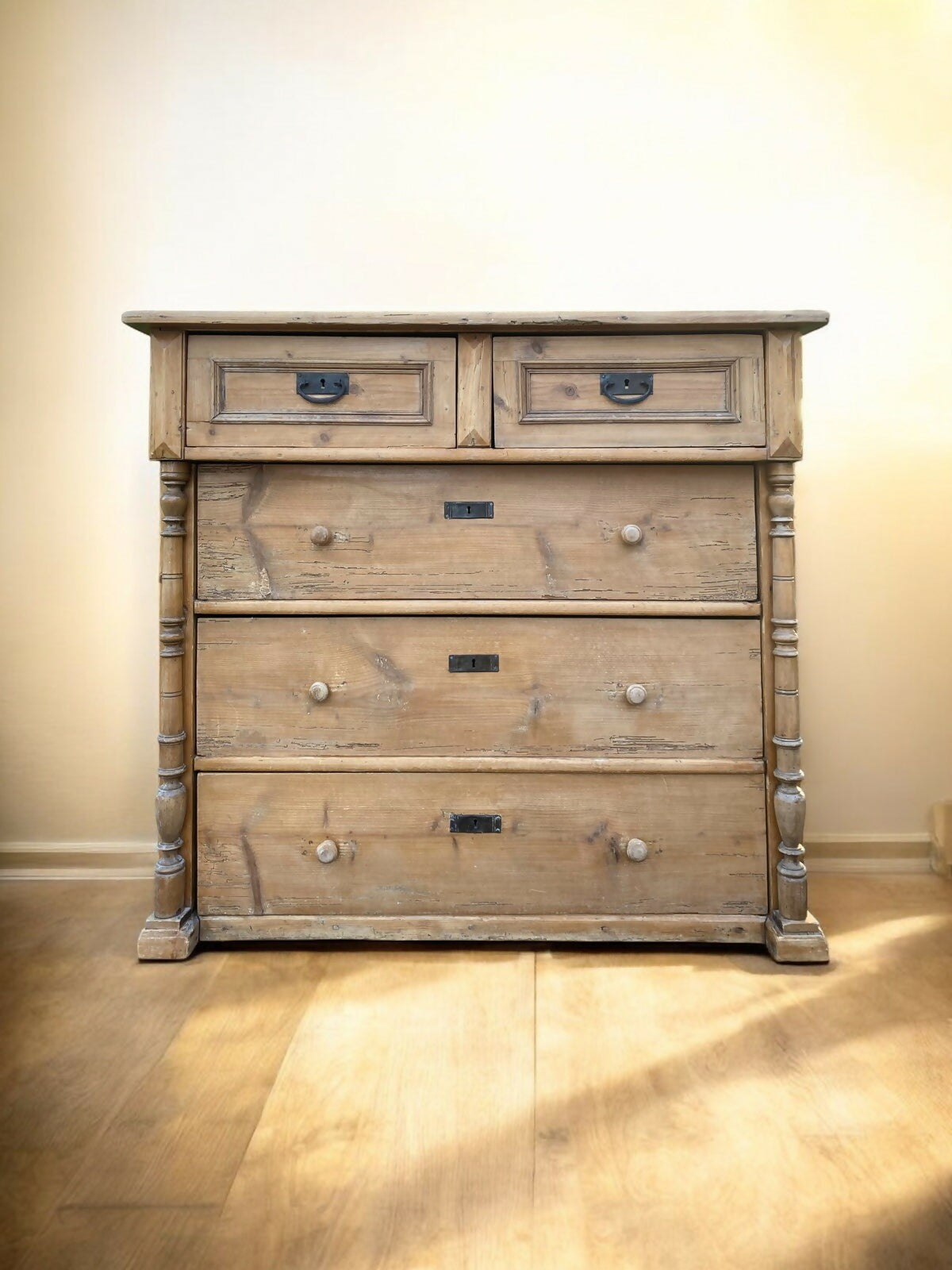 Large Rustic Antique Solid Pine European Style Chest Of Drawers
