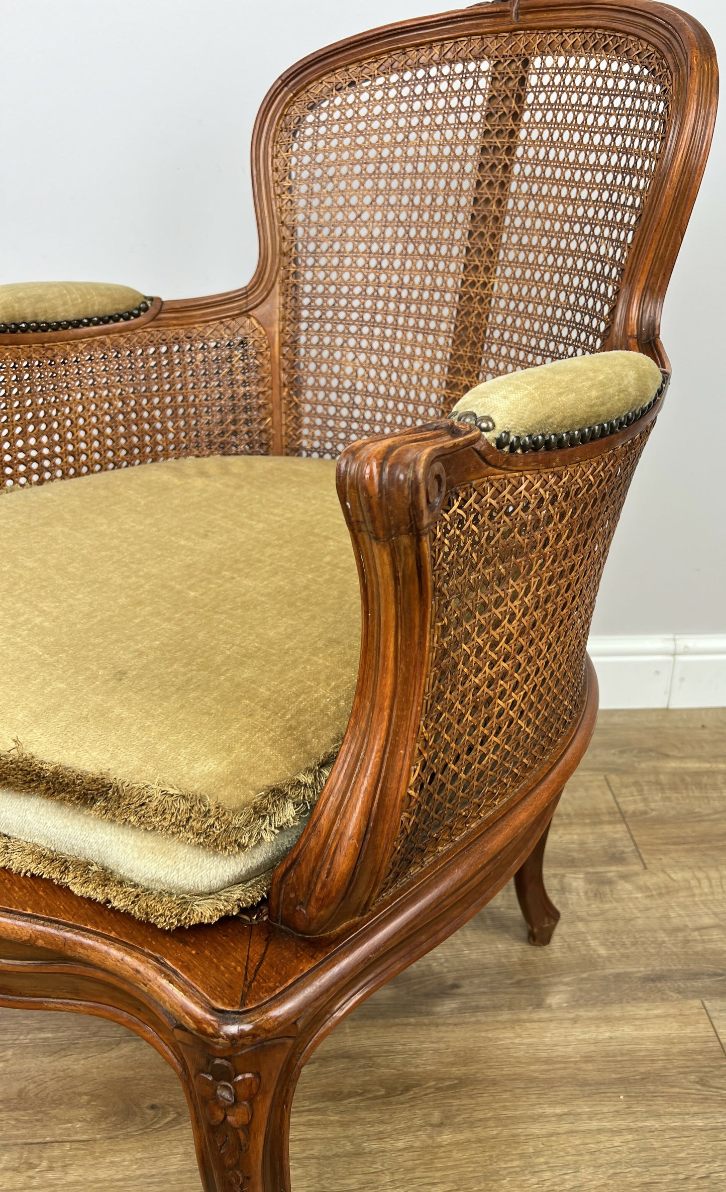 Armchair Vintage French Style Cane Upholstered Accent Carved Chair LOT 6311