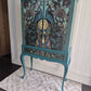 Exquisite Edwardian Cocktail Cabinet Luxury Upcycled – Teal & Peacock Decoupage, Mirrored Bar with LED & Gold Interior