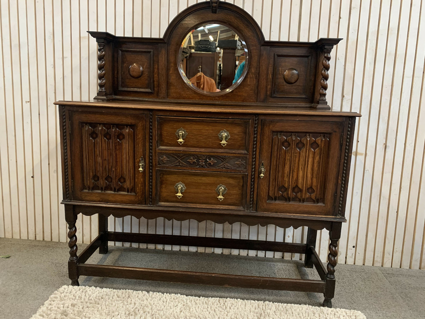 Vintage Jacobean Style MirrorBack Sideboard with 2 door and 3 Drawers .
