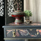 Small Vintage Desk Painted Black & Decoupaged Oriental Theme Twin Pedestal Desk