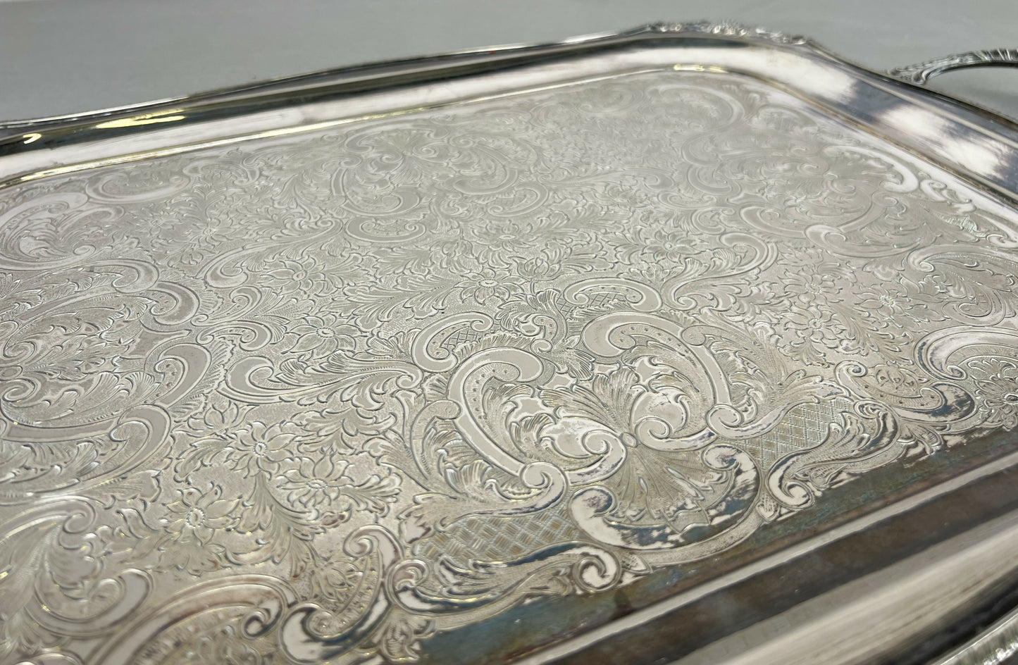 Serving Tray Vintage Metal Ornate Engraved Twin Handle English Tray LOT 6444