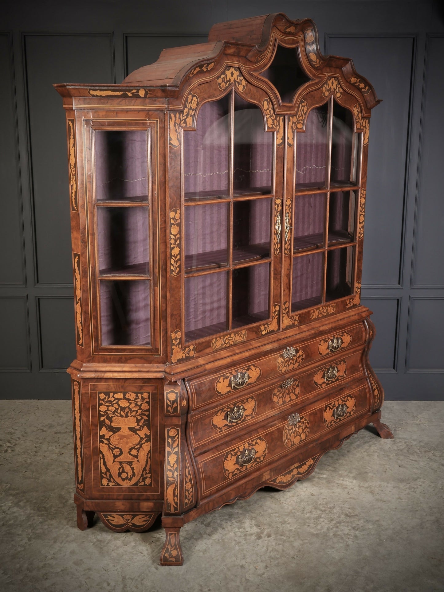 Large Marquetry Inlaid Walnut Bombe Shaped Vintage Cabinet